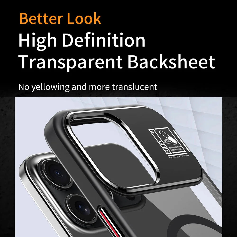 For iPhone 16 Magnetic Case TPU + Acrylic Kickstand Phone Cover with Glass Lens Film - Black - 3