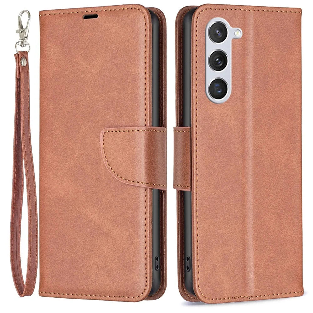 For Samsung Galaxy S23 Case Smooth Leather Wallet Stand Mobile Phone Cover with Strap - Brown - 1