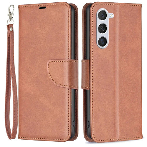 For Samsung Galaxy S23 Case Smooth Leather Wallet Stand Mobile Phone Cover with Strap - Brown - 1