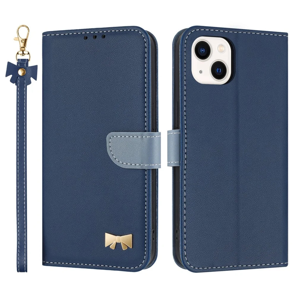For iPhone 14 / 13 Case Bowknot Decor Wallet Leather Phone Cover with Wrist Strap - Dark Blue - 1