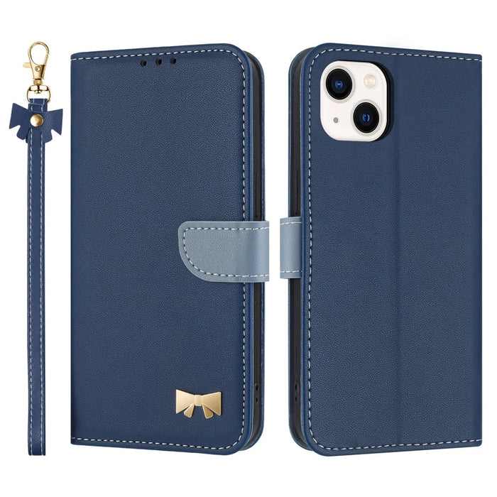 For iPhone 14 / 13 Case Bowknot Decor Wallet Leather Phone Cover with Wrist Strap - Dark Blue - 1