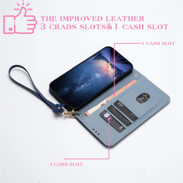 For iPhone 14 / 13 Case Bowknot Decor Wallet Leather Phone Cover with Wrist Strap - Dark Blue - 4