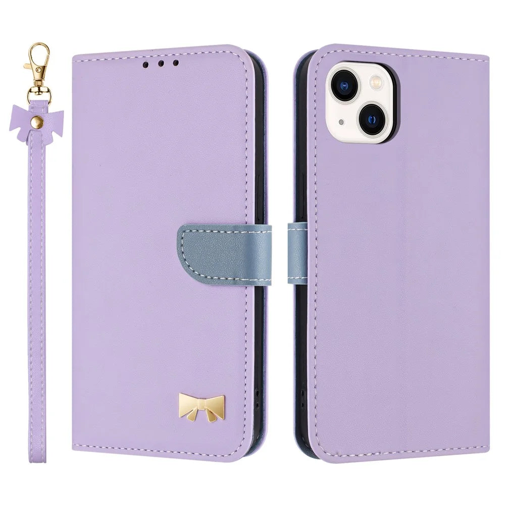 For iPhone 15 Case Bowknot Decor Wallet Leather Phone Cover with Wrist Strap - Purple - 1