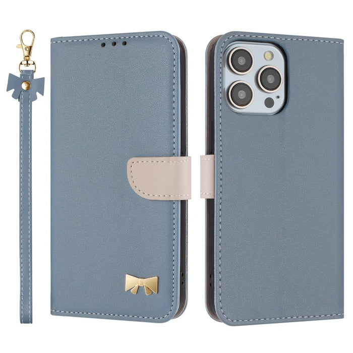 For iPhone 15 Pro Case Bowknot Decor Wallet Leather Phone Cover with Wrist Strap - Baby Blue - 1