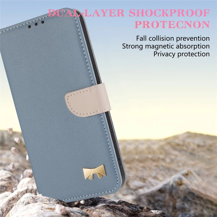 For iPhone 15 Pro Case Bowknot Decor Wallet Leather Phone Cover with Wrist Strap - Baby Blue - 5