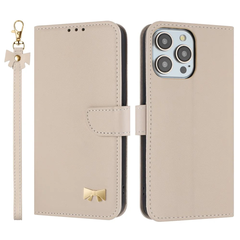 For iPhone 15 Pro Max Case Bowknot Decor Wallet Leather Phone Cover with Wrist Strap - Khaki - 1