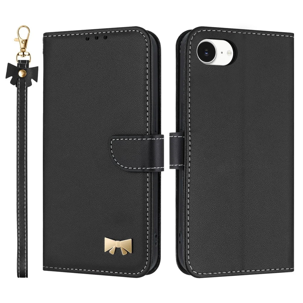 For iPhone 17e / 16e Case Bowknot Decor Wallet Leather Phone Cover with Wrist Strap - Black - 1