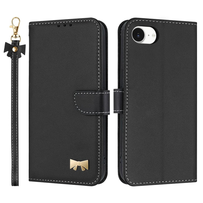 For iPhone 17e / 16e Case Bowknot Decor Wallet Leather Phone Cover with Wrist Strap - Black - 1