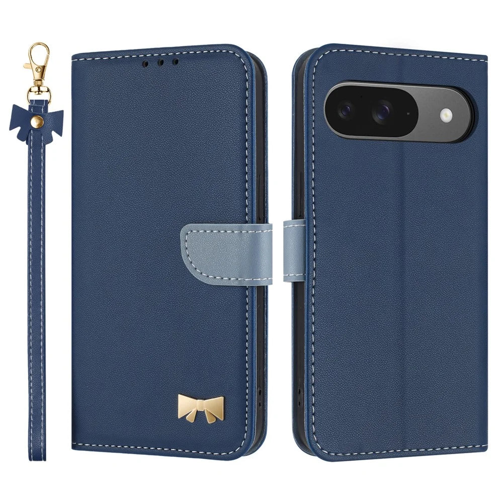 Phone Case For Google Pixel 10 / 10 Pro / 9 / 9 Pro Bowknot Decor Wallet Leather Cover with Wrist Strap - Dark Blue - 1