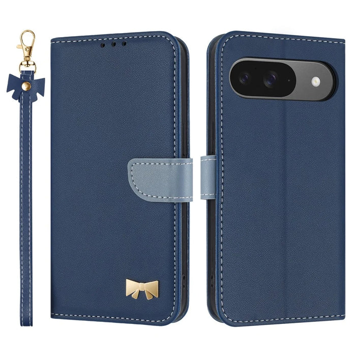 Phone Case For Google Pixel 10 / 10 Pro / 9 / 9 Pro Bowknot Decor Wallet Leather Cover with Wrist Strap - Dark Blue - 1