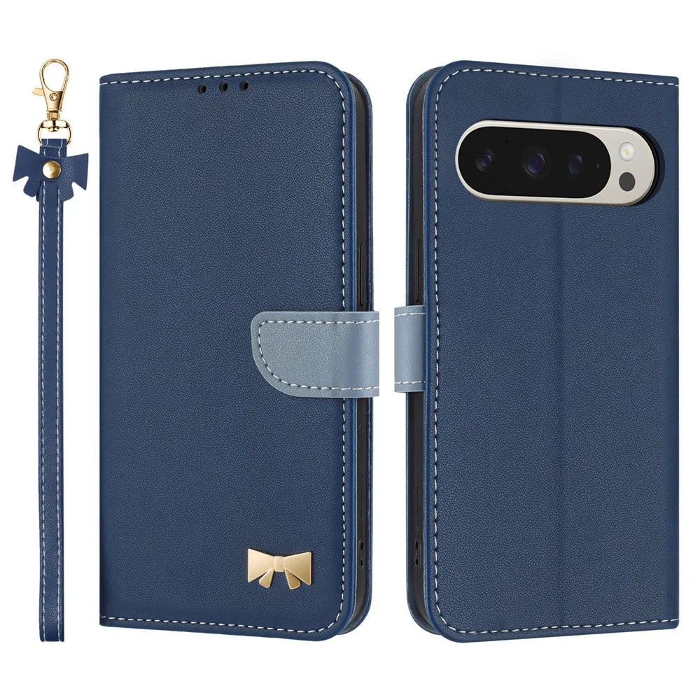 For Google Pixel 10 Pro XL / 9 Pro XL Case Bowknot Decor Wallet Leather Phone Cover with Wrist Strap - Dark Blue - 1
