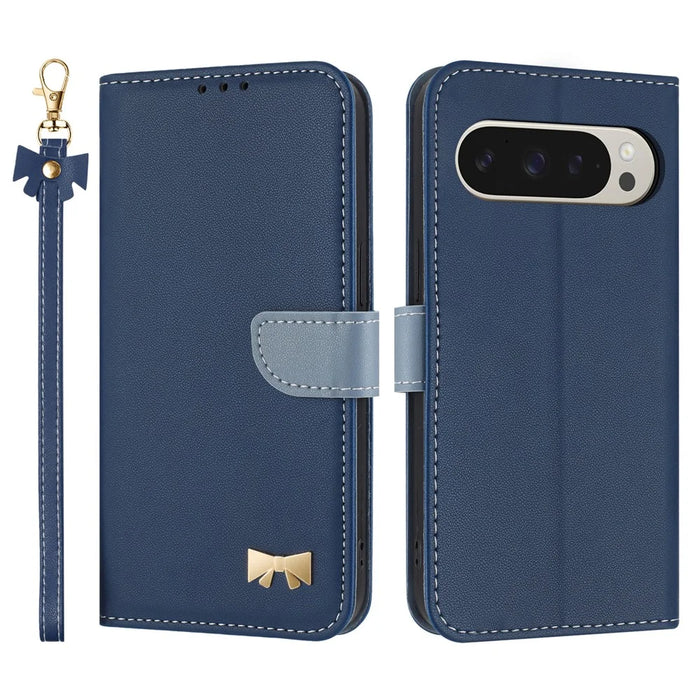 For Google Pixel 10 Pro XL / 9 Pro XL Case Bowknot Decor Wallet Leather Phone Cover with Wrist Strap - Dark Blue - 1