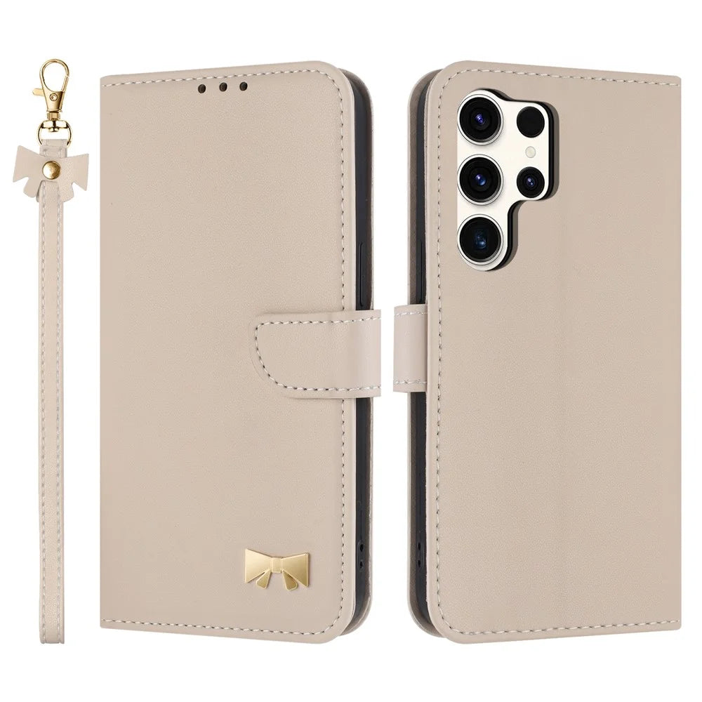 For Samsung Galaxy S25 Ultra Case Bowknot Decor Wallet Leather Phone Cover with Wrist Strap - Khaki - 1