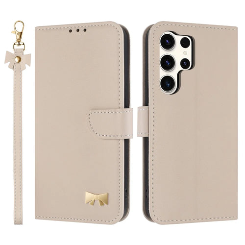 For Samsung Galaxy S25 Ultra Case Bowknot Decor Wallet Leather Phone Cover with Wrist Strap - Khaki - 1