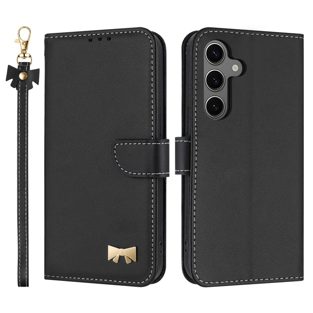 For Samsung Galaxy S25+ / S24+ Case Bowknot Decor Wallet Leather Phone Cover with Wrist Strap - Black - 1