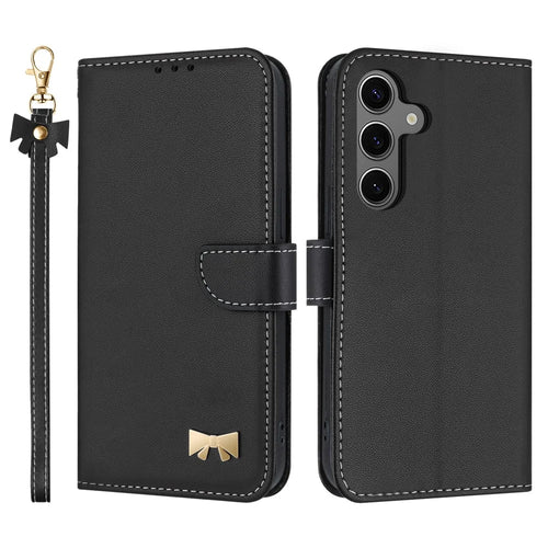 For Samsung Galaxy S25+ / S24+ Case Bowknot Decor Wallet Leather Phone Cover with Wrist Strap - Black - 1