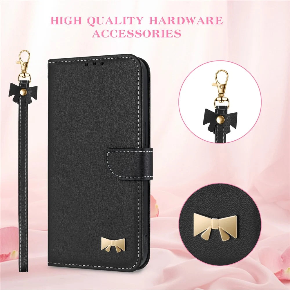 For Samsung Galaxy S25+ / S24+ Case Bowknot Decor Wallet Leather Phone Cover with Wrist Strap - Black - 6
