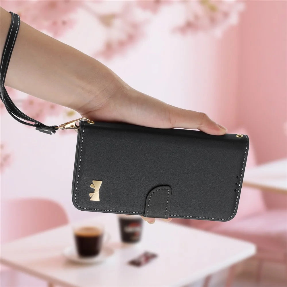 For Samsung Galaxy S25+ / S24+ Case Bowknot Decor Wallet Leather Phone Cover with Wrist Strap - Black - 7