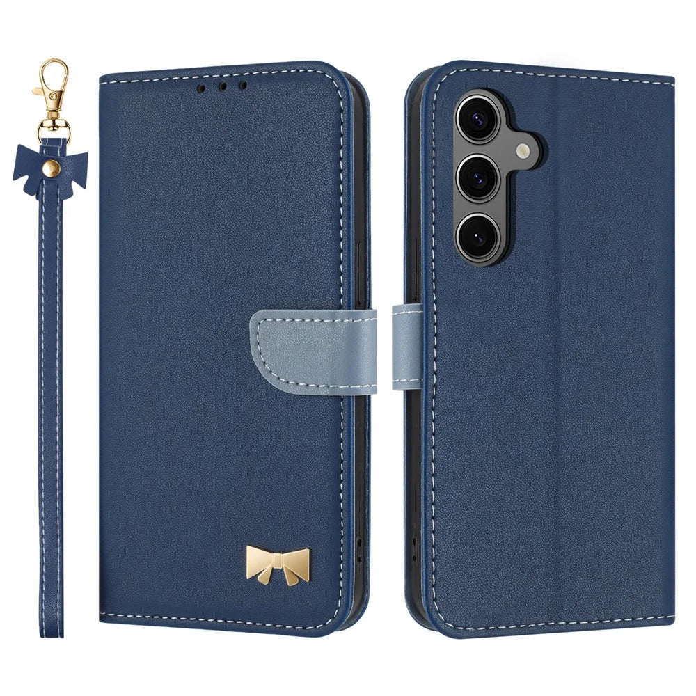 For Samsung Galaxy S25 / S24 Case Bowknot Decor Wallet Leather Phone Cover with Wrist Strap - Dark Blue - 1