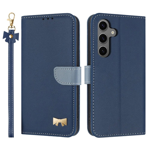 For Samsung Galaxy S25 / S24 Case Bowknot Decor Wallet Leather Phone Cover with Wrist Strap - Dark Blue - 1