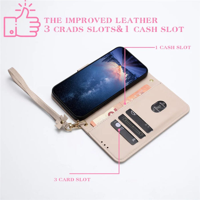 For Samsung Galaxy A55 5G Case Bowknot Decor Wallet Leather Phone Cover with Wrist Strap - Khaki - 4
