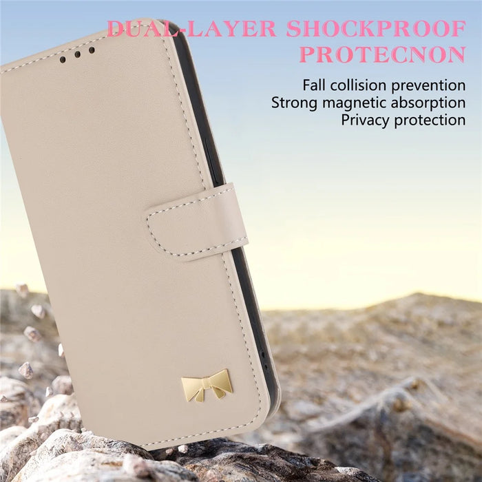 For Samsung Galaxy A55 5G Case Bowknot Decor Wallet Leather Phone Cover with Wrist Strap - Khaki - 5