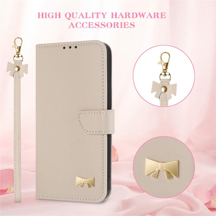 For Samsung Galaxy A55 5G Case Bowknot Decor Wallet Leather Phone Cover with Wrist Strap - Khaki - 6