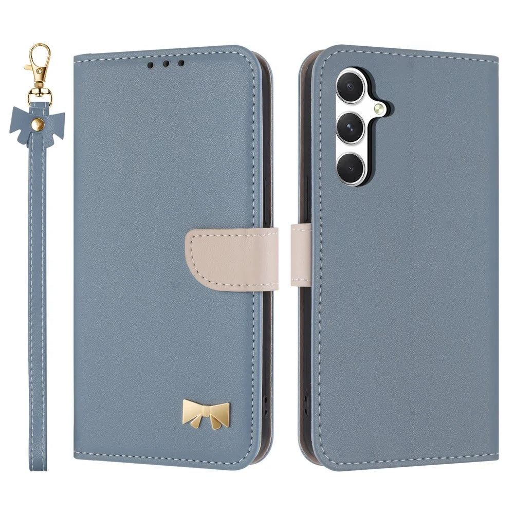 For Samsung Galaxy A26 5G Case Bowknot Decor Wallet Leather Phone Cover with Wrist Strap - Baby Blue - 1