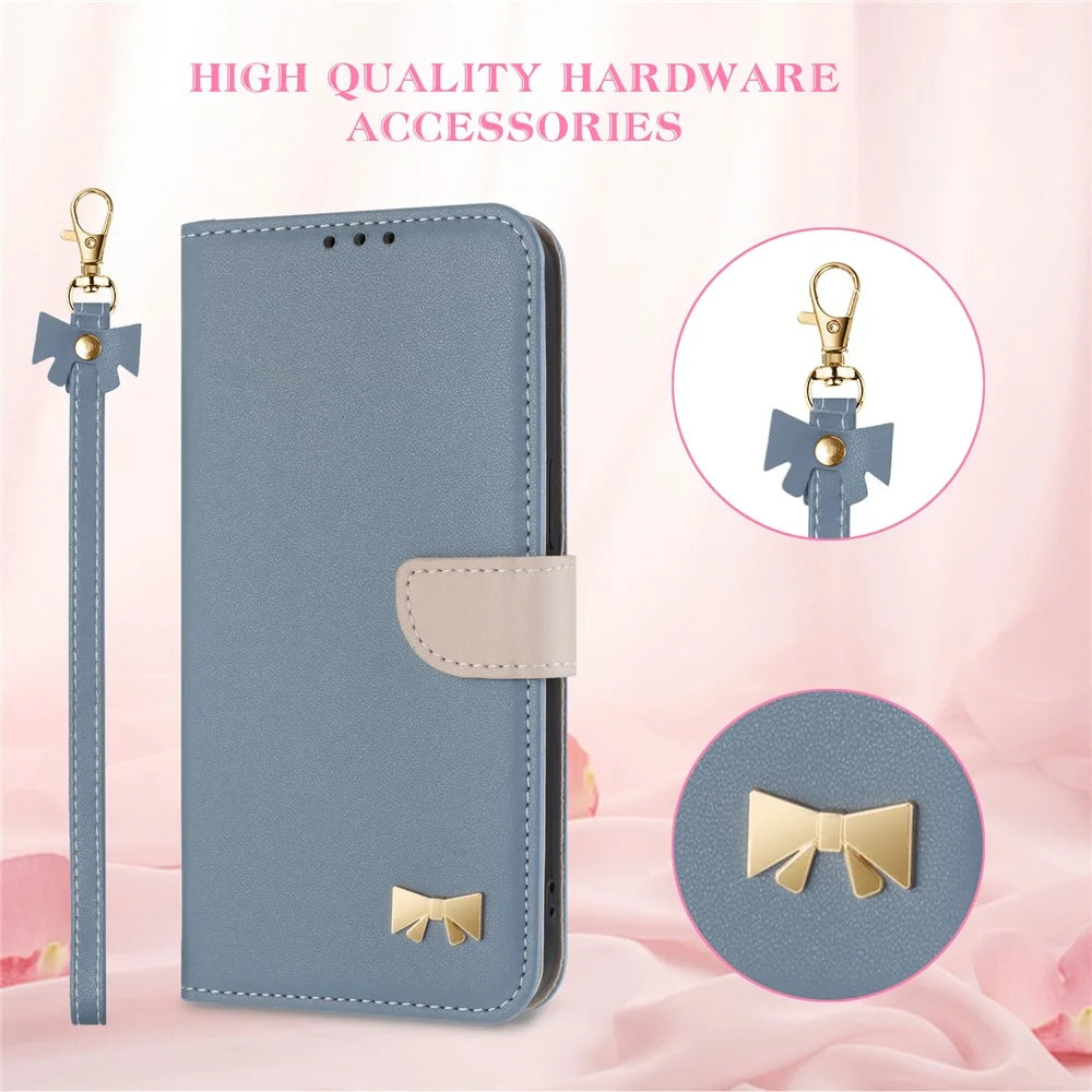 For Samsung Galaxy A26 5G Case Bowknot Decor Wallet Leather Phone Cover with Wrist Strap - Baby Blue - 6