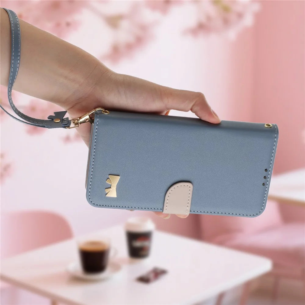 For Samsung Galaxy A26 5G Case Bowknot Decor Wallet Leather Phone Cover with Wrist Strap - Baby Blue - 7