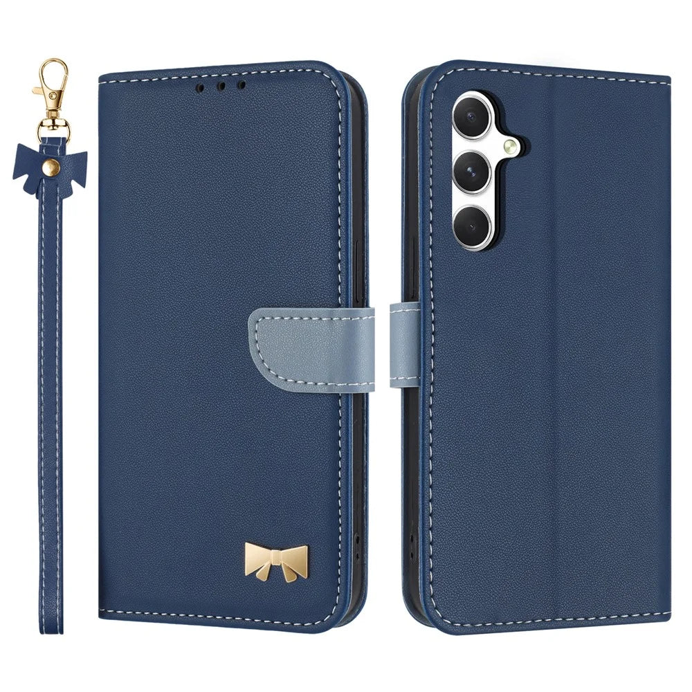 For Samsung Galaxy A16 4G / 5G Case Bowknot Decor Wallet Leather Phone Cover with Wrist Strap - Dark Blue - 1