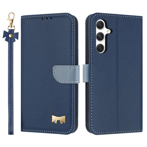 For Samsung Galaxy A16 4G / 5G Case Bowknot Decor Wallet Leather Phone Cover with Wrist Strap - Dark Blue - 1