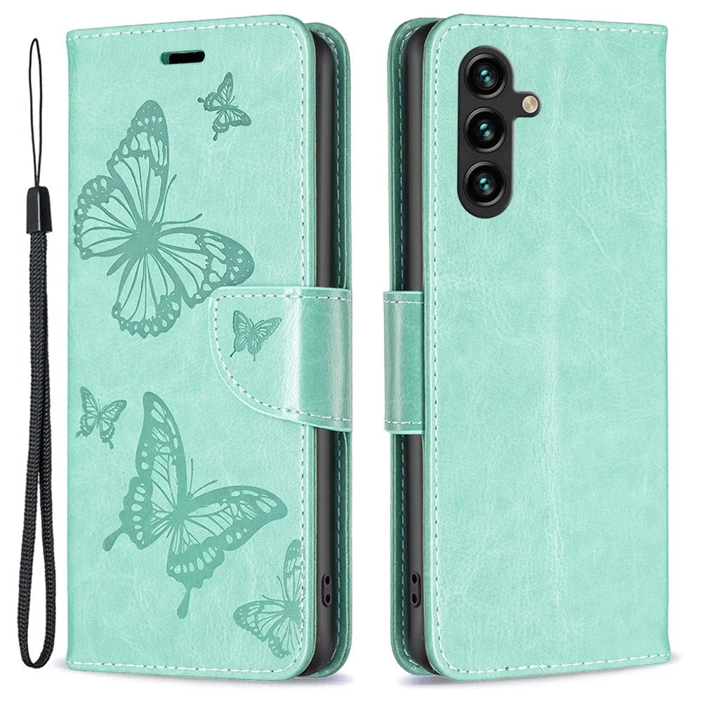 For Samsung Galaxy A14 5G / A14 4G Wallet Case Imprinted Butterflies Leather Phone Cover with Strap - Green - 1