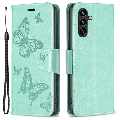 For Samsung Galaxy A14 5G / A14 4G Wallet Case Imprinted Butterflies Leather Phone Cover with Strap - Green - 1