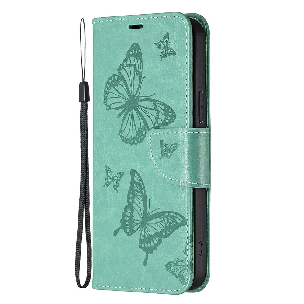 For Samsung Galaxy A14 5G / A14 4G Wallet Case Imprinted Butterflies Leather Phone Cover with Strap - Green - 6