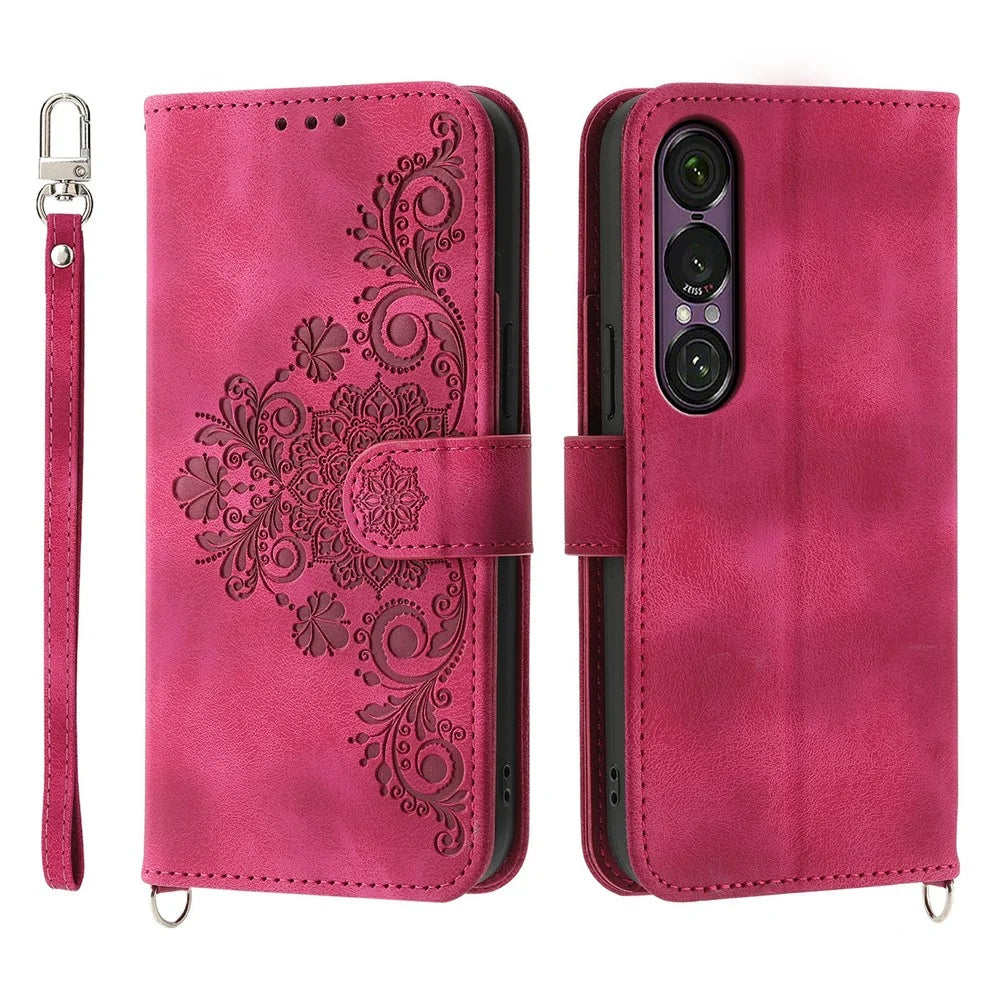 For Sony Xperia 1 VII Case Flower Pattern PU Leather Wallet Phone Cover with Strap - Wine Red - 1