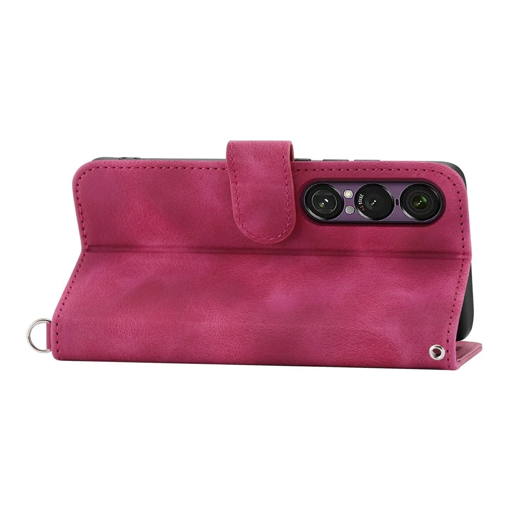 For Sony Xperia 1 VII Case Flower Pattern PU Leather Wallet Phone Cover with Strap - Wine Red - 4