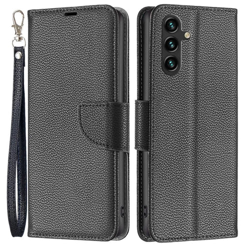 For Samsung Galaxy A14 5G / A14 4G Wallet Case Litchi Texture Flip Leather Mobile Cover Stand with Strap - Black - 1