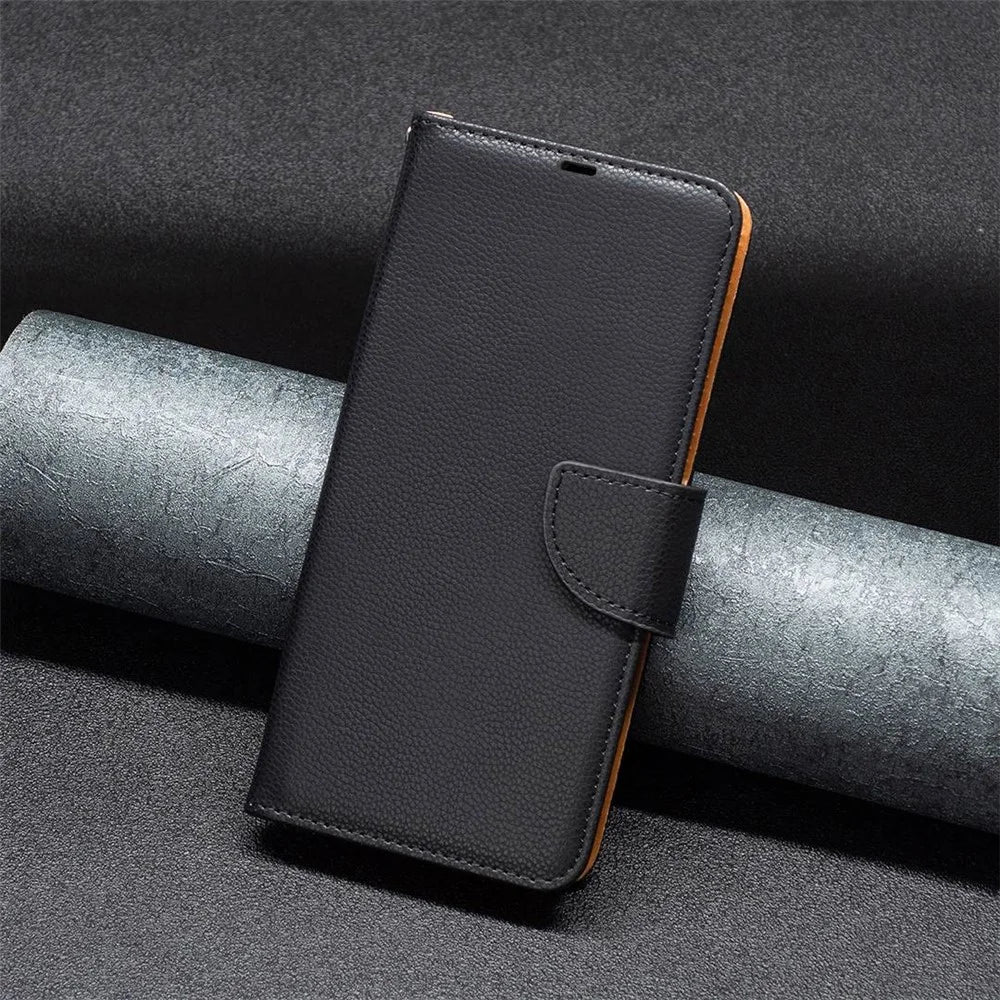 For Samsung Galaxy A14 5G / A14 4G Wallet Case Litchi Texture Flip Leather Mobile Cover Stand with Strap - Black - 4