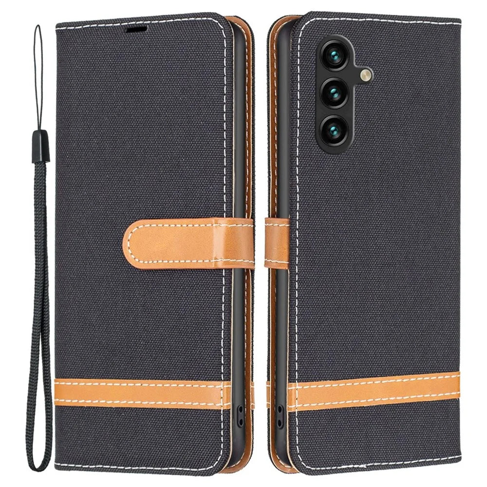 For Samsung Galaxy A14 5G / A14 4G Case Jeans Cloth Texture Leather Wallet Mobile Cover with Stand - Black - 1