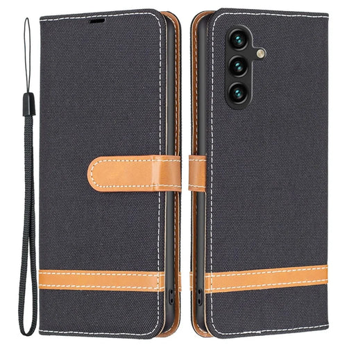 For Samsung Galaxy A14 5G / A14 4G Case Jeans Cloth Texture Leather Wallet Mobile Cover with Stand - Black - 1