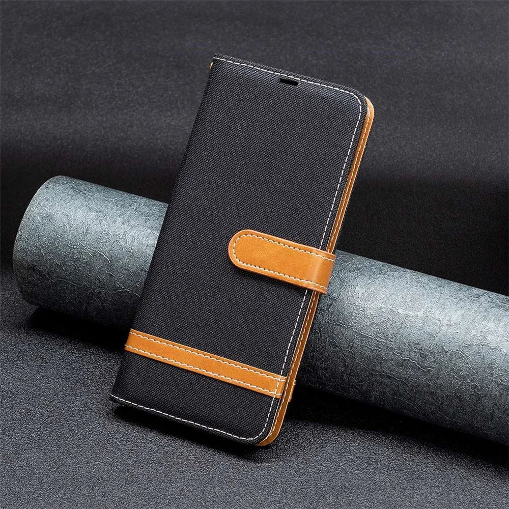 For Samsung Galaxy A14 5G / A14 4G Case Jeans Cloth Texture Leather Wallet Mobile Cover with Stand - Black - 4