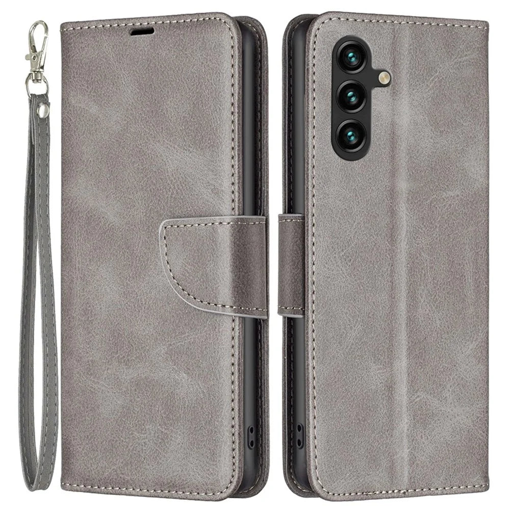 For Samsung Galaxy A14 5G / A14 4G Case Smooth Leather Wallet Stand Mobile Phone Cover with Strap - Grey - 1