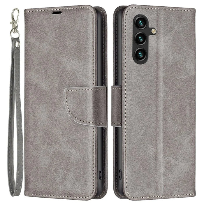 For Samsung Galaxy A14 5G / A14 4G Case Smooth Leather Wallet Stand Mobile Phone Cover with Strap - Grey - 1