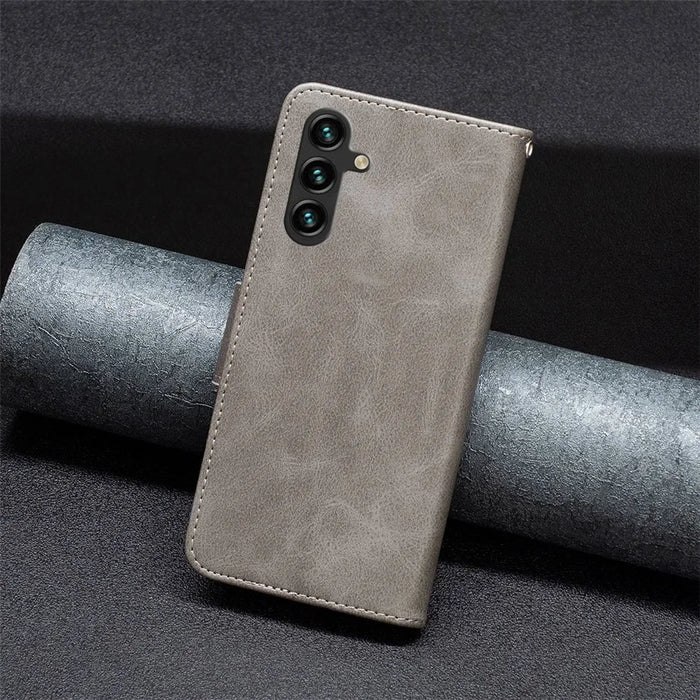 For Samsung Galaxy A14 5G / A14 4G Case Smooth Leather Wallet Stand Mobile Phone Cover with Strap - Grey - 5