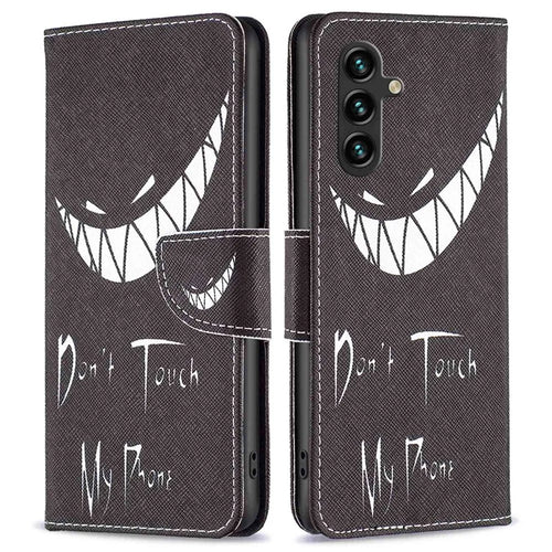 For Samsung Galaxy A14 5G / A14 4G Phone Case Pattern Printing PU Leather Wallet Stand Cover - Don't Touch My Phone - 1