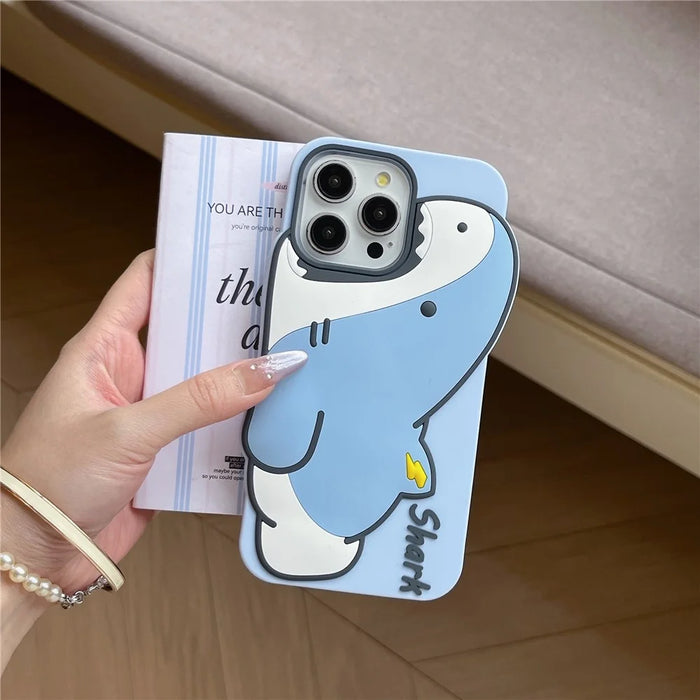 For iPhone 15 Pro Silicone Case Cute Shark Design Shockproof Phone Back Cover - 6