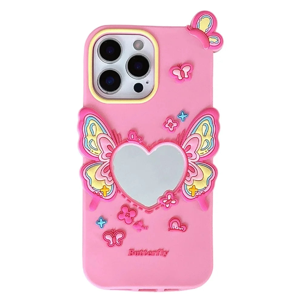 For iPhone 16 Pro Silicone Case Cute Butterfly Mirror Design Shockproof Phone Back Cover - 1
