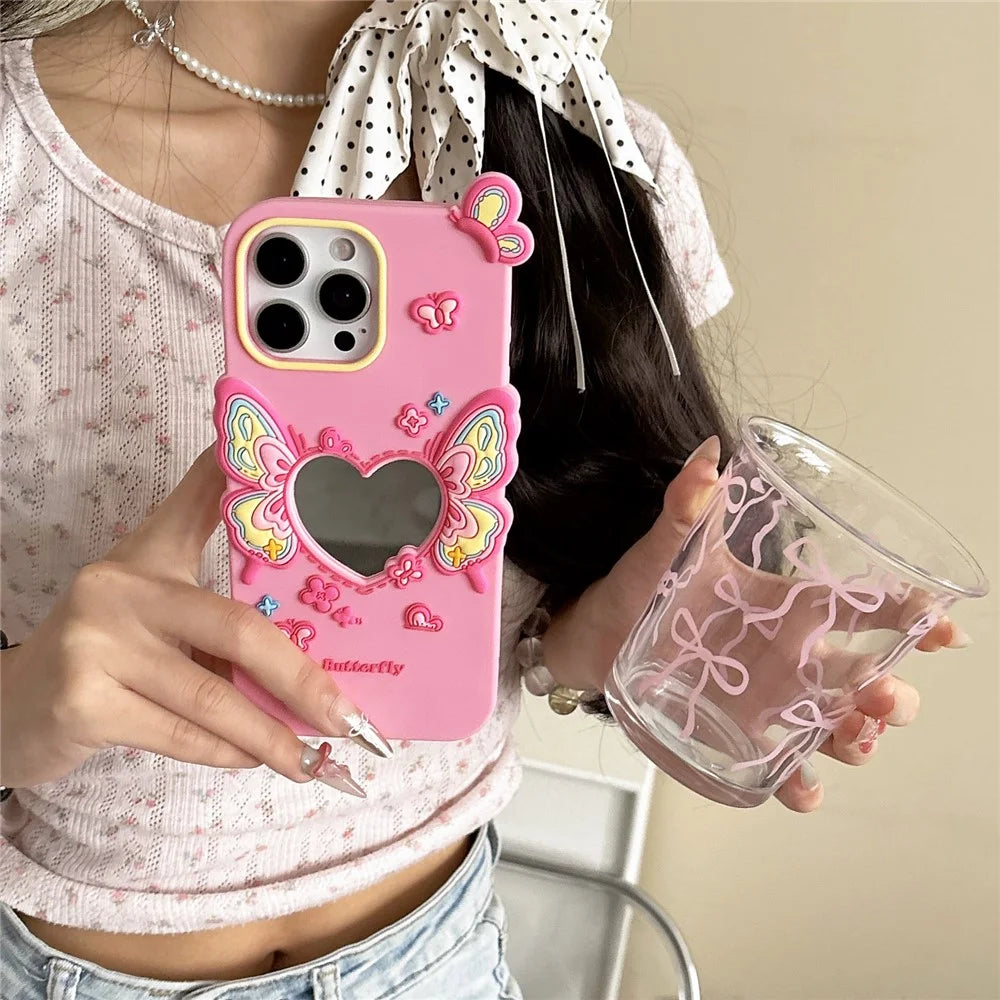 For iPhone 15 Pro Silicone Case Cute Butterfly Mirror Design Shockproof Phone Back Cover - 3