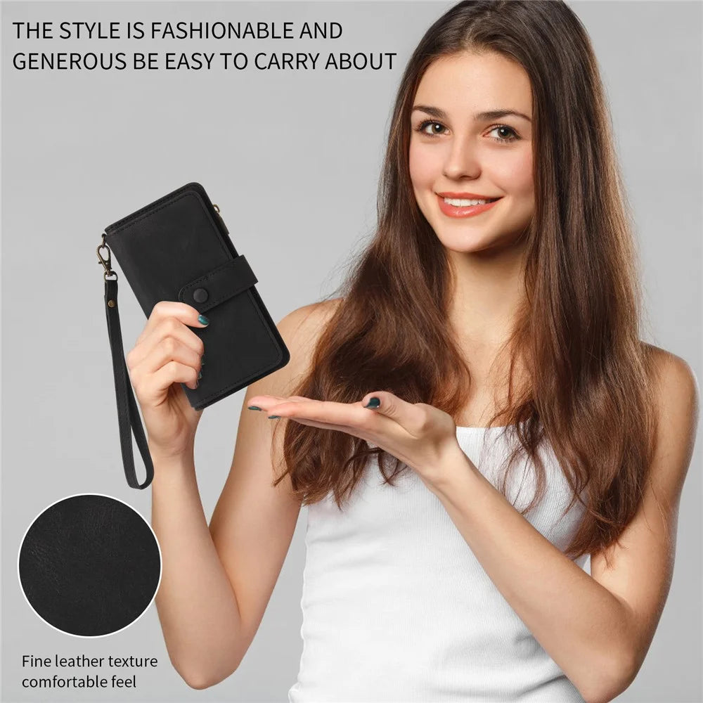 For Samsung Galaxy A56 5G / M56 5G Zipper Wallet Case with 15 Card Slots and Strap Leather Phone Cover - Black - 7